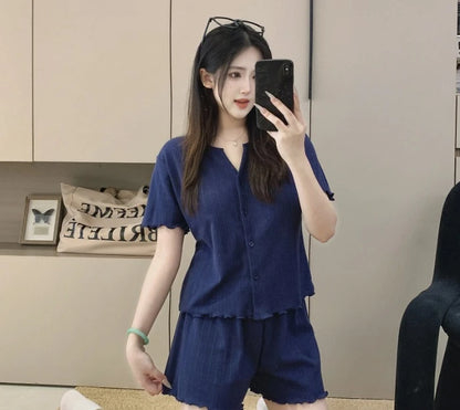 Japanese-Style Knitted Cotton Short-Sleeved Cardigan Thin Sleepwear Pajamas