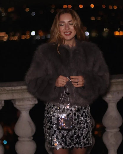 Faux fur Fall/Winter Effect Round Neck Long Sleeve Short Jacket