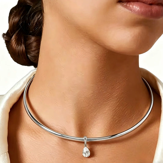Stainless Steel Water Droplet Zircon Pendant Necklace