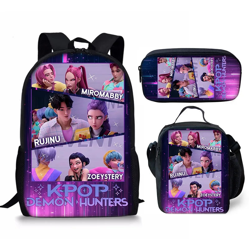 KPop Demon Hunters School Bags Backpack With Lunch Bag & Pencil Bag