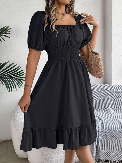 MIidi Casual Square Neck Short Sleeved Dress