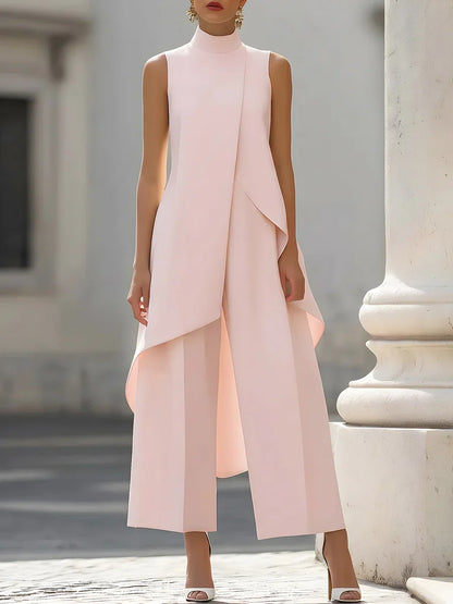 Sleeveless High Neck Jumpsuit With Asymmetric Draped Overlay Wide Leg