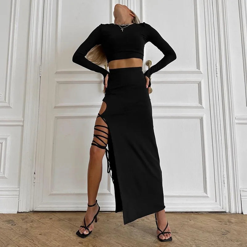 Pullover Long Sleeve Split Legless Sexy Skirt Set