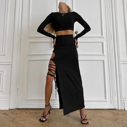 Pullover Long Sleeve Split Legless Sexy Skirt Set