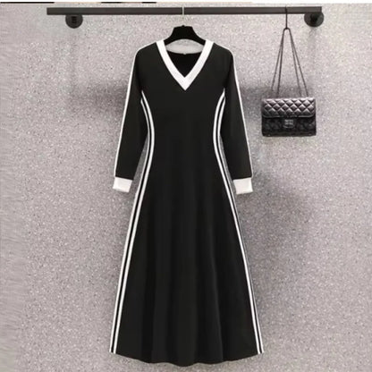Midi Black Vintage Korean Style Elastic Long Sleeved Sports Dress