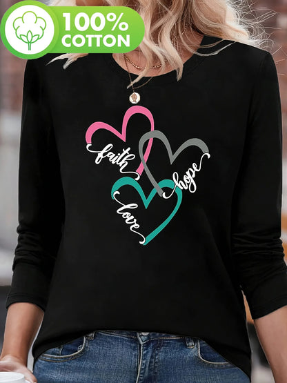 Pure cotton casual heart-shaped long sleeved T-shirt