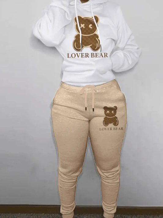 Cartoon bear print sweater+woollen pants set