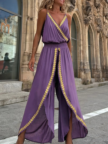 Casual Purple Gold Embellished Jumpsuit
