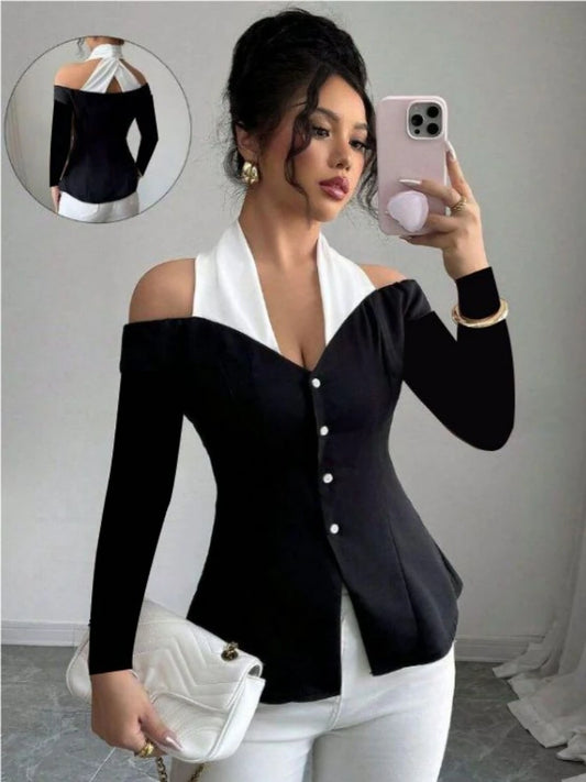 Black White Contrast Off-Shoulder Halter Neckline Top