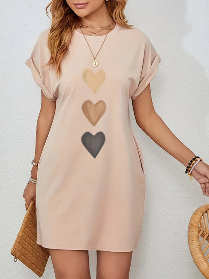 Casual Knit T-Shirt with Heart  Print Crew dress