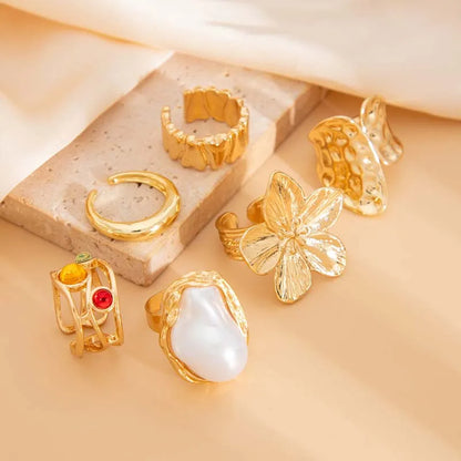 6Pcs/Set Gold Color Imitation Pearl Open Ring