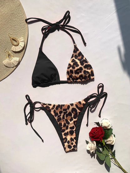 Sexy Leopard Halter Bikini Low Waist Lace-Up Set