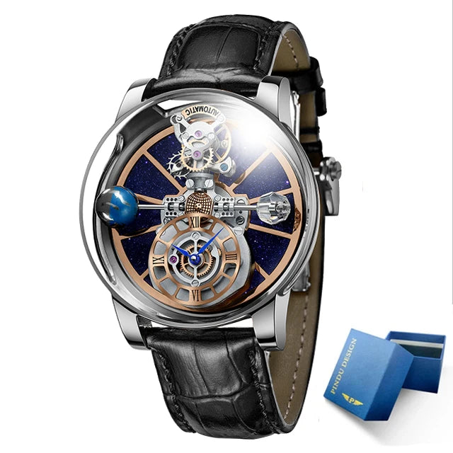 Celestial Starry Sky Curved Glass Transparent Waterproof Leather Watch
