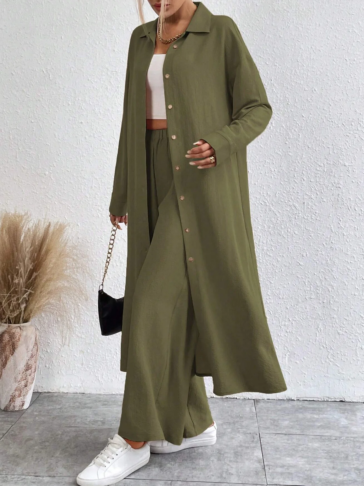 French Style Casual Long Sleeve Loose Fit Lapel Collar and Wide Leg Pants