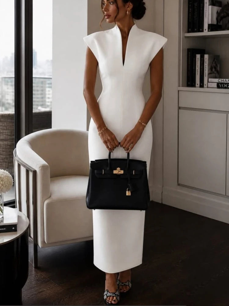 Elegant Cap Sleeve V-Neck Sexy Slim Knee Length Sheath Bodycon Pencil Dress