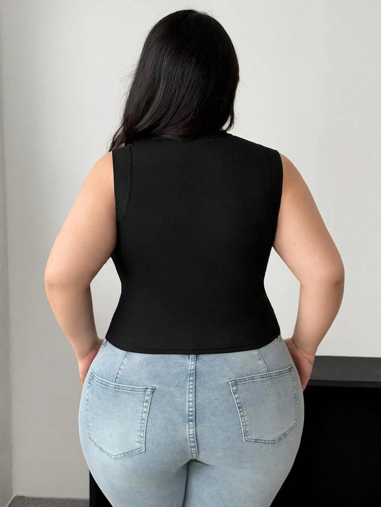 Plus Size Sleeveless Round Neck Mesh See Through Sexy Blouse