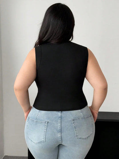 Plus Size Sleeveless Round Neck Mesh See Through Sexy Blouse