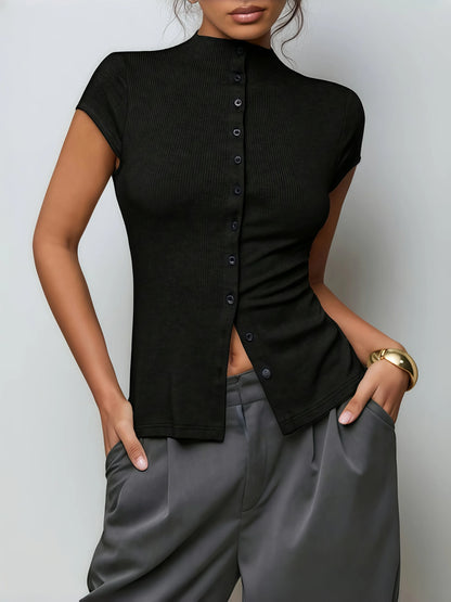 Knitted Turtleneck Top Slim Four-Season Short-Sleeved Cardigan