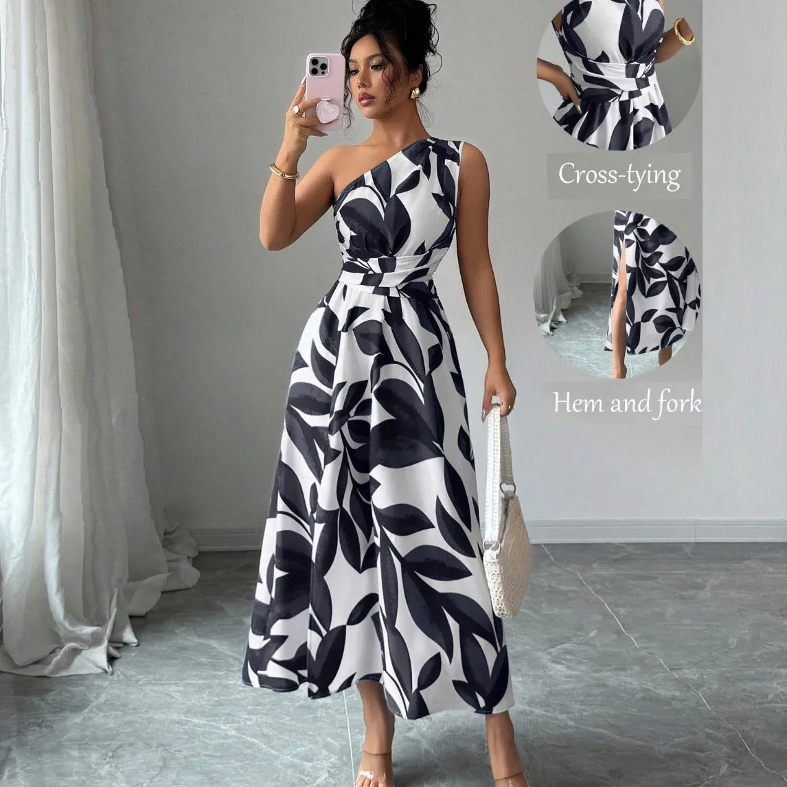 Cross-Border Floral Print Asymmetrical Shoulder Split Long Dress