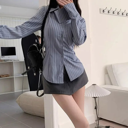 Striped Long Sleeve Jacket Slimming Shirt