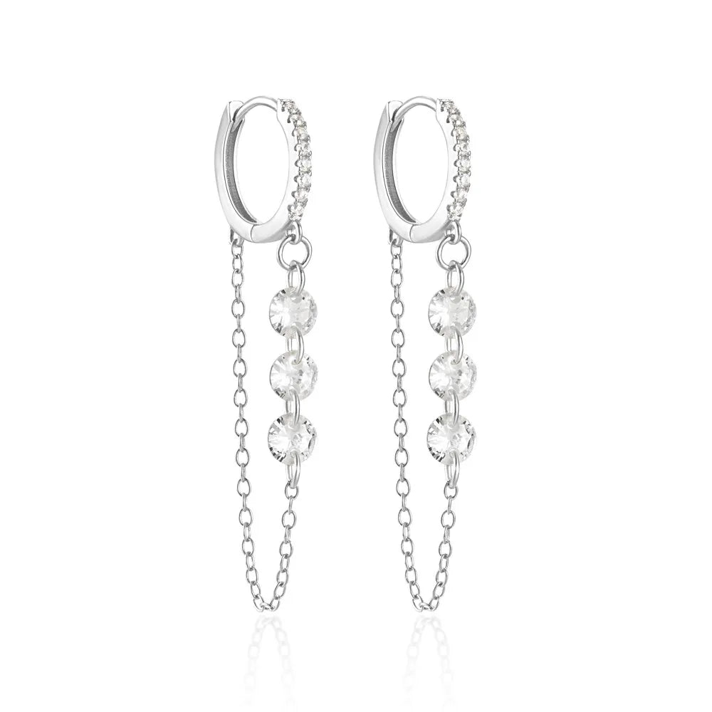 925 Sterling Silver Three Zircon Drop Long Chain Gold Hoop Buckle Piercing Earrings