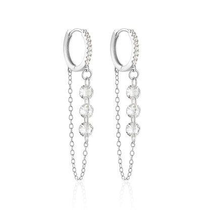 925 Sterling Silver Three Zircon Drop Long Chain Gold Hoop Buckle Piercing Earrings