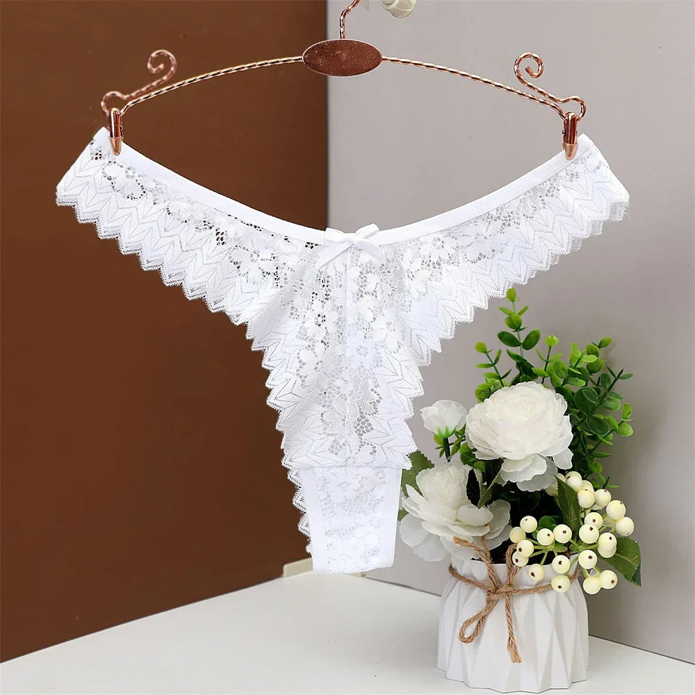 3PC Sexy T Back Thong Mid Waist Lace Transparent Underwear
