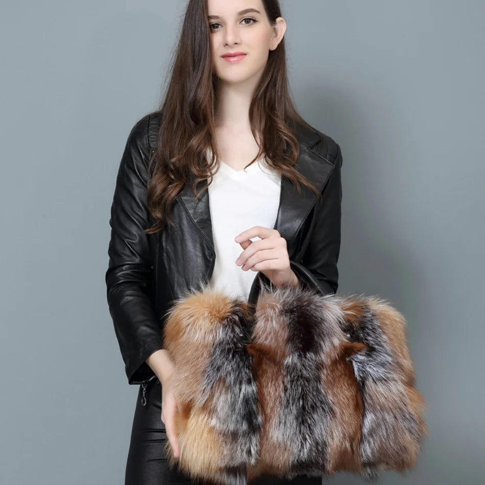 Real Fox Fur Large Size Plush Crossbody Luxury Handbags Fluffy Tote Bag