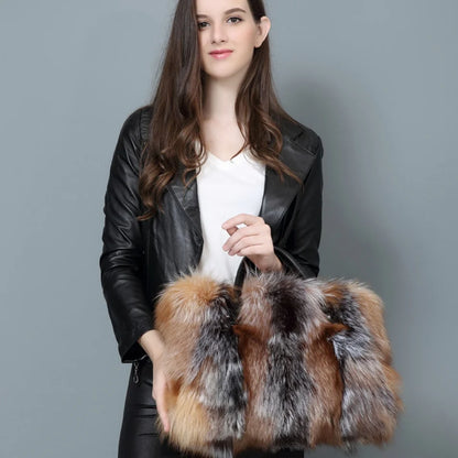 Real Fox Fur Large Size Plush Crossbody Luxury Handbags Fluffy Tote Bag