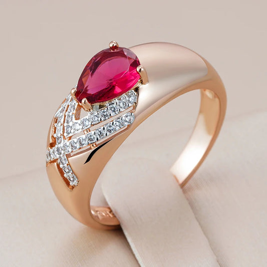 Kinel Unique Ethnic Bride Red Natural Zircon 585 Rose Gold Crystal Rings