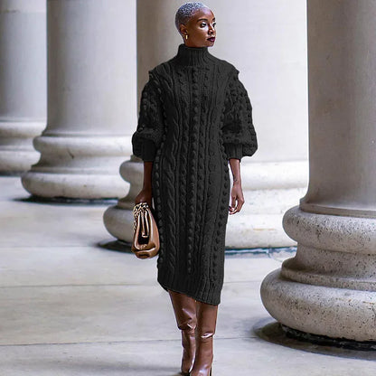 Long Sleeve Ribbed Knitted Stretchy Midi Dresses