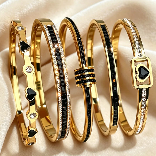 5/1pcs Golden Stainless Steel With Sparkling Black Zircon Bracelets