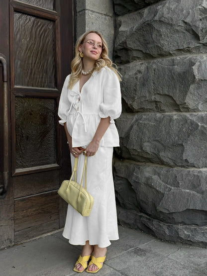 100% Cotton Bubble Sleeve Shirt  Long Skirt Set