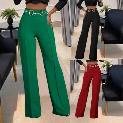 High-Waisted Metal Buckle Straight-Leg Pants