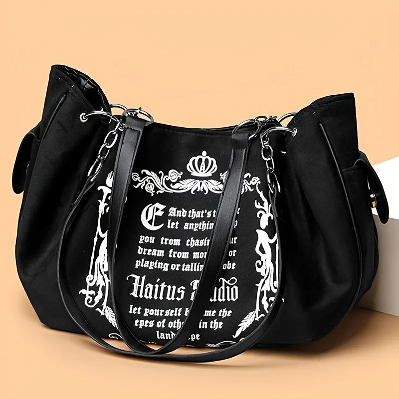 Letter Print Faux Suede Handbag