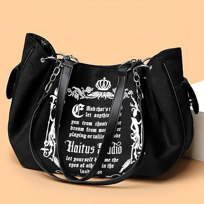Letter Print Faux Suede Handbag