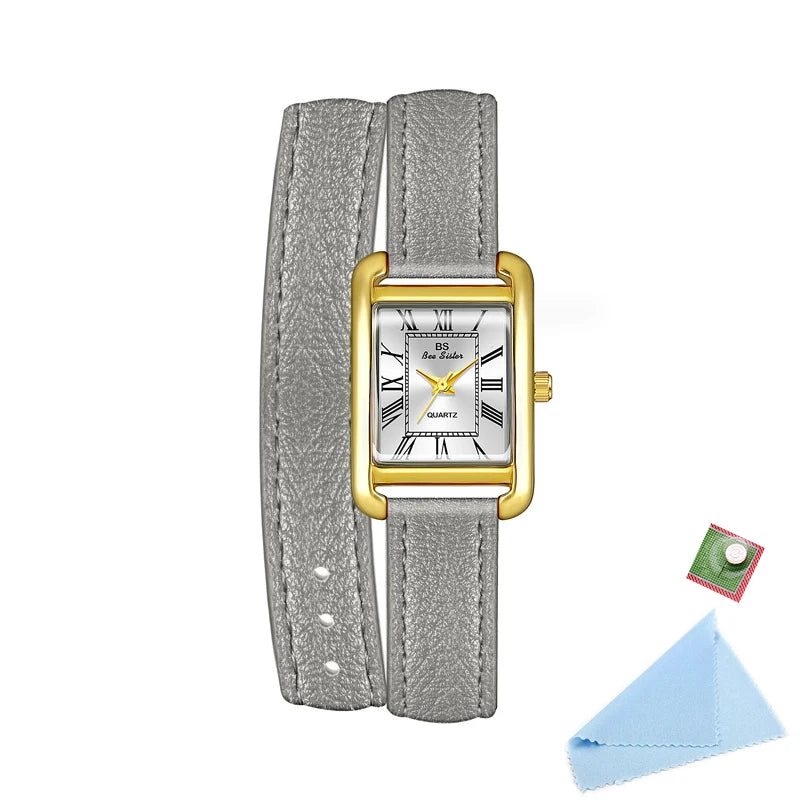 ساعة مربعة من الجلد باللون الوردي الذهبي العتيق