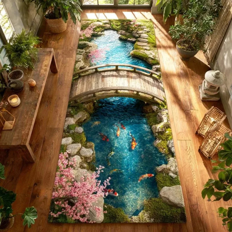 2D Koi Fish Pond Runner Rug Realistic Water Stream Carpet