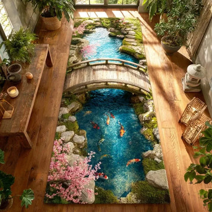 2D Koi Fish Pond Runner Rug Realistic Water Stream Carpet