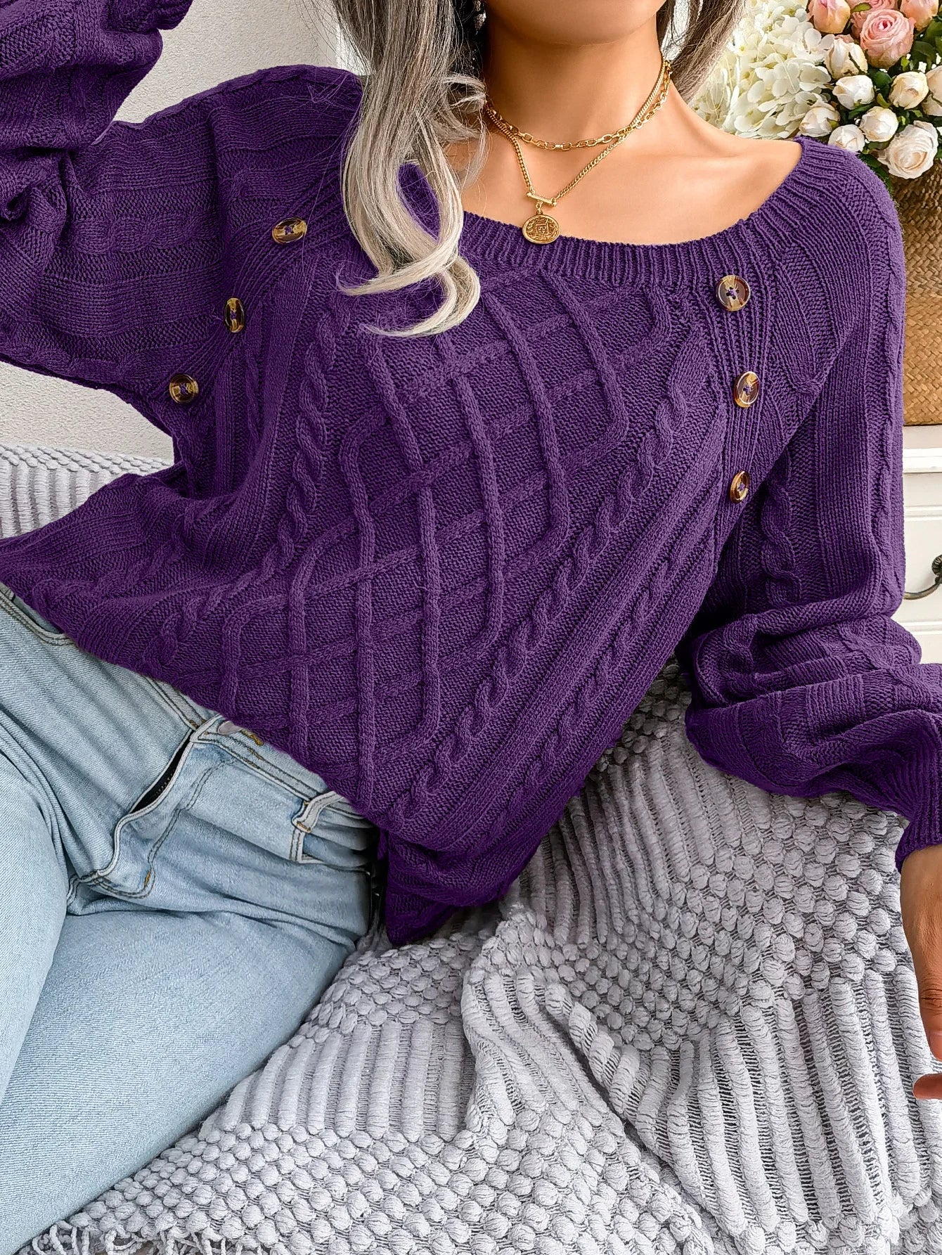 Casual Square Collar Long Sleeve Sweaters