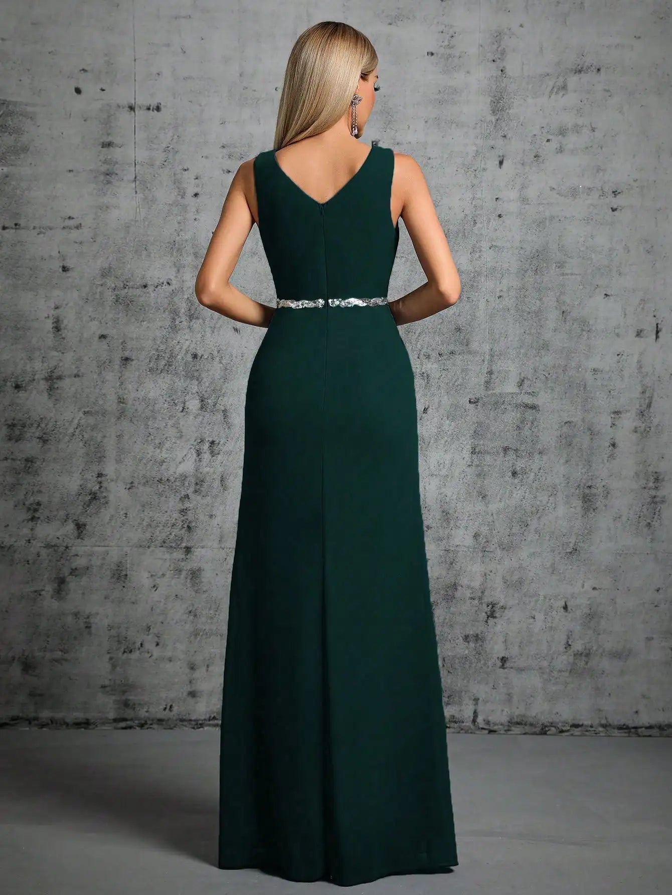 Mgiacy Shoulder silver sequin belt pleated chiffon slit skirt Dress