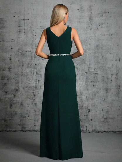 Mgiacy Shoulder silver sequin belt pleated chiffon slit skirt Dress
