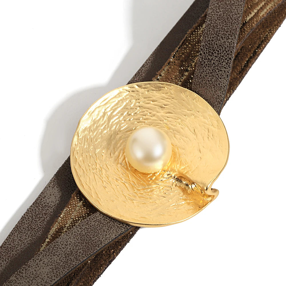 Wrinkled Textured Disc Leather Bohemian Pearl Wrap Chunky Bracelets