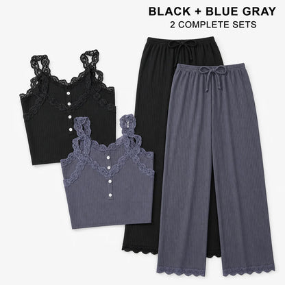 Lace Trim Camisole Tops and Ankle-Length Pants Polyester Elastane Sleepwear Set