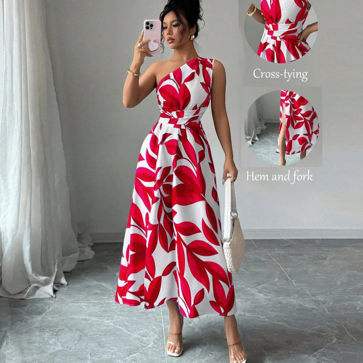 Cross-Border Floral Print Asymmetrical Shoulder Split Long Dress