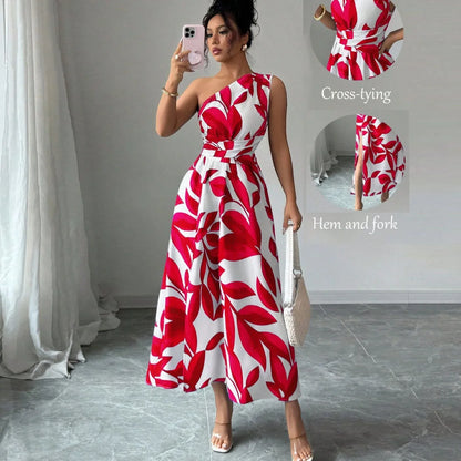 Cross-Border Floral Print Asymmetrical Shoulder Split Long Dress