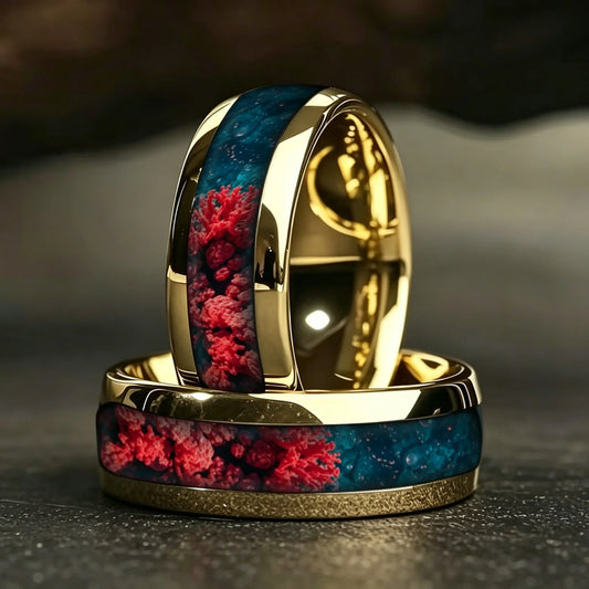 8MM Gold Stainless Steel Domed Red and Blue Stone Inlay Rings