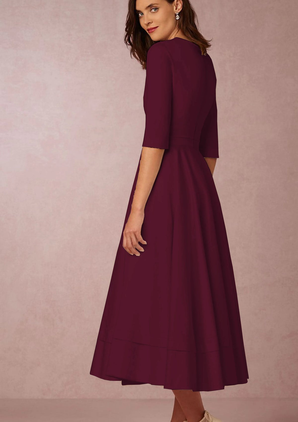 Short Sleeve V-neck Slit Solid High Quality Long Dress