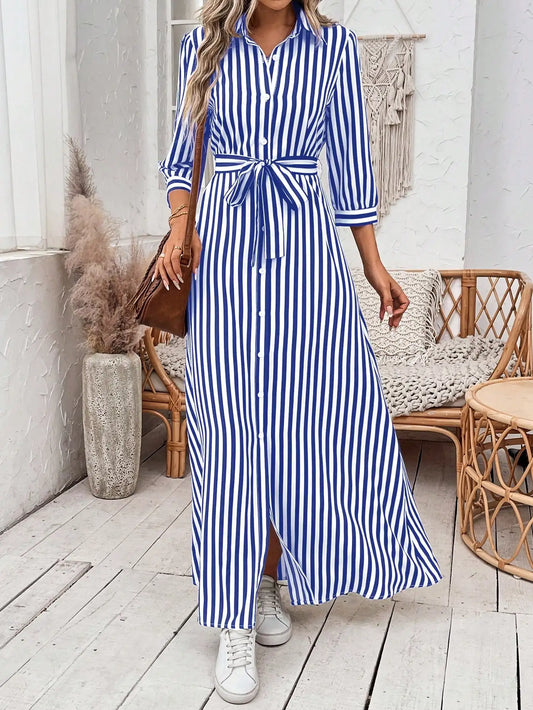 Casual Elegant Striped Print Patterned Gown for All Seasons Dress