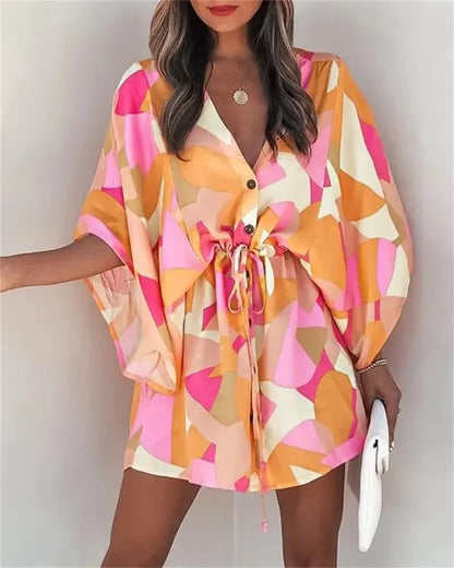Sexy Bat Sleeve Ruffl Flowers Bohemian Mini Dress